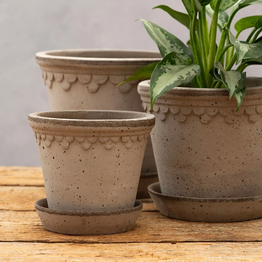 Scalloped Tapered Plant Pot With Saucer - Grey Terracotta - Image 2